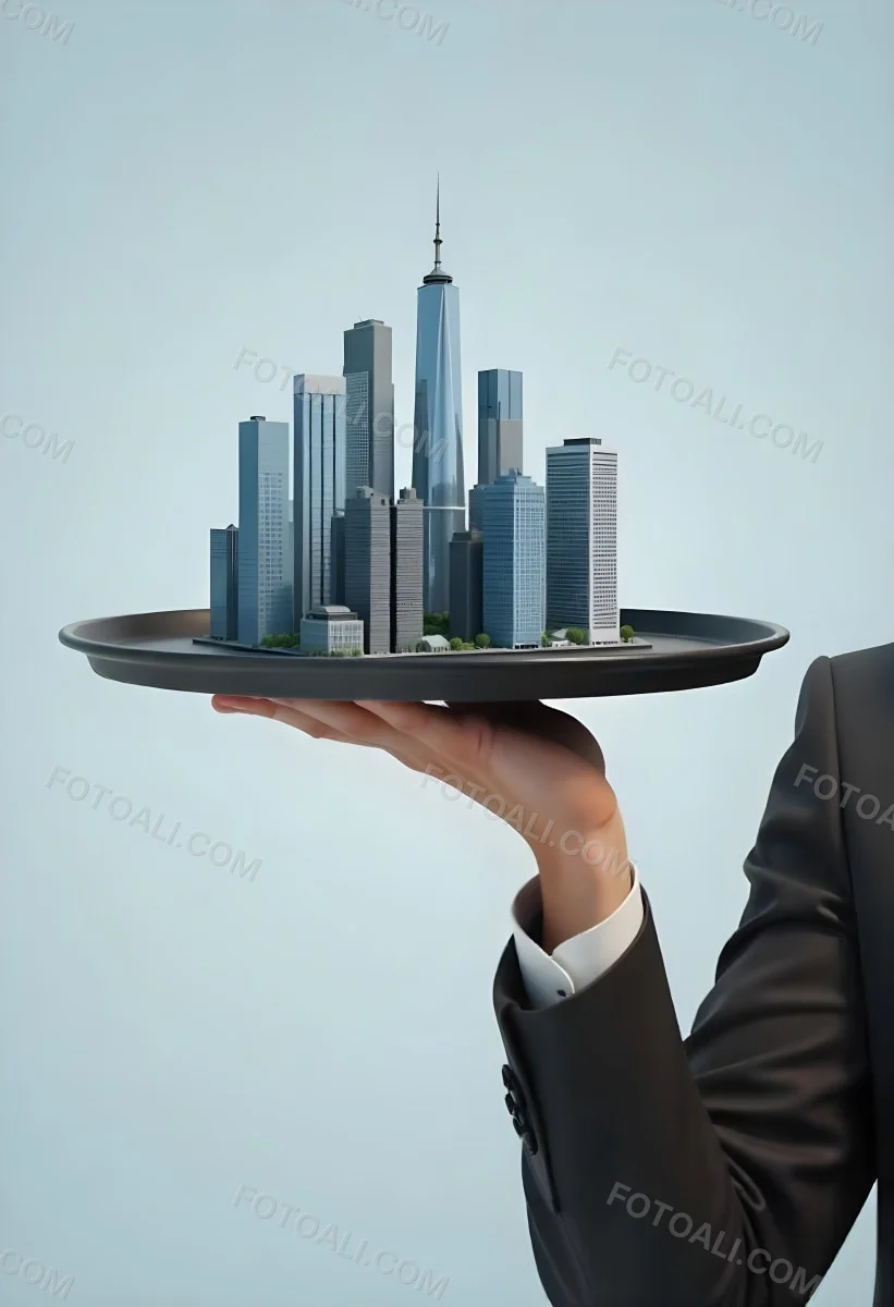 A Man Holding A Tray With A City On It The City Has Many Skyscrapers The Background Is Light Blue 12 Bae4