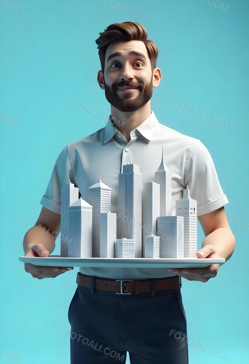 A Man Holding A Tray With A City On It The City Has Many Skyscrapers The Background Is Light Blue 18 Ac90