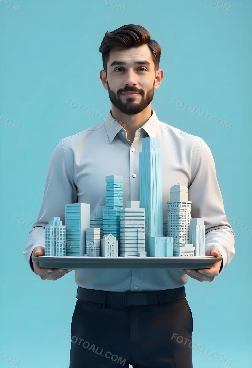 A Man Holding A Tray With A City On It The City Has Many Skyscrapers The Background Is Light Blue 25 E346
