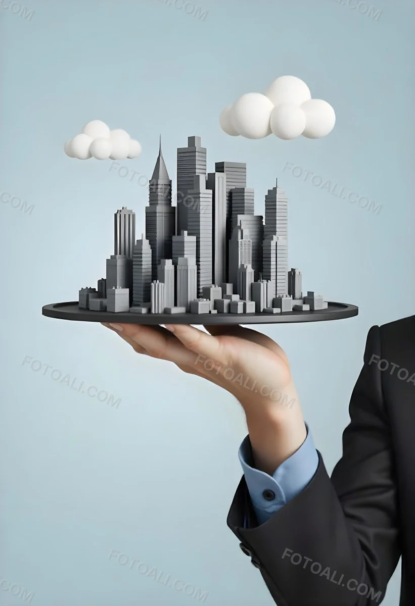 A Man Holding A Tray With A City On It The City Has Many Skyscrapers The Background Is Light Blue 29 F45c