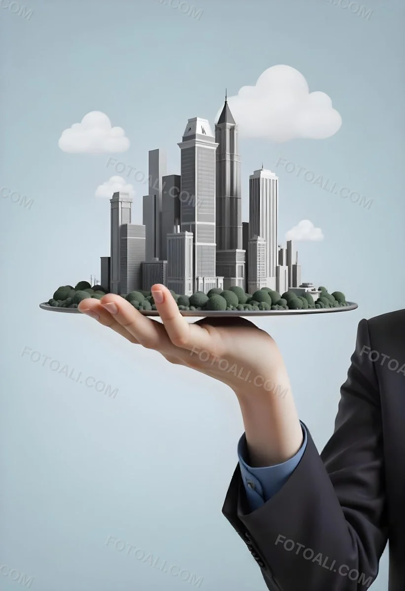 A Man Holding A Tray With A City On It The City Has Many Skyscrapers The Background Is Light Blue 34 7036