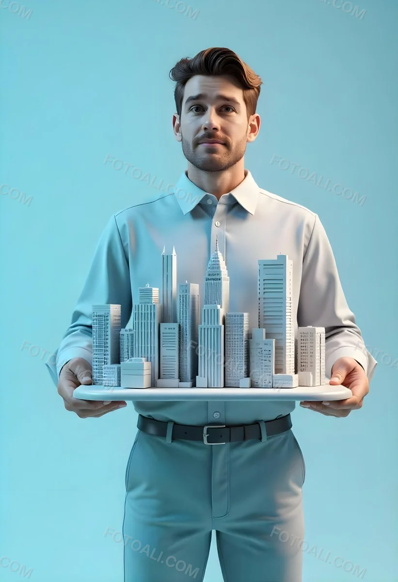 A Man Holding A Tray With A City On It The City Has Many Skyscrapers The Background Is Light Blue 37 F2cf