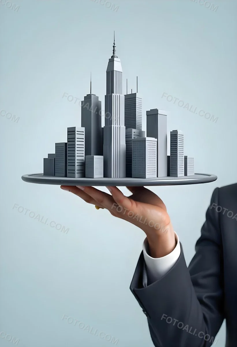 A Man Holding A Tray With A City On It The City Has Many Skyscrapers The Background Is Light Blue 38 Aa8f