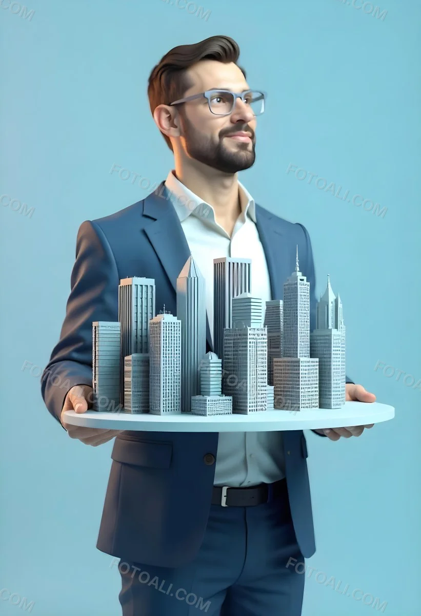 A Man Holding A Tray With A City On It The City Has Many Skyscrapers The Background Is Light Blue 39 2c57