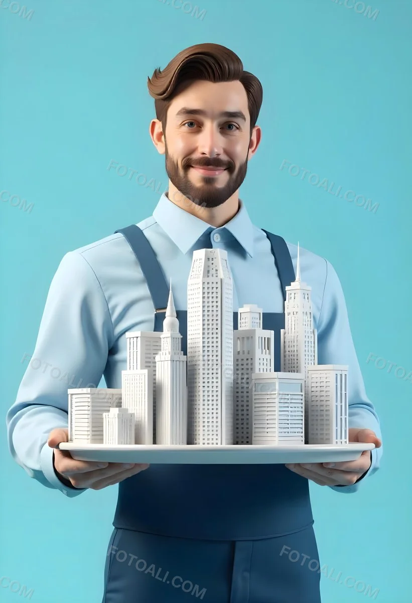 A Man Holding A Tray With A City On It The City Has Many Skyscrapers The Background Is Light Blue 4 7718