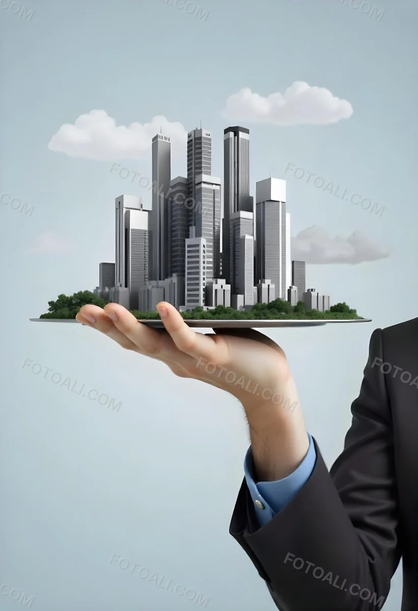 A Man Holding A Tray With A City On It The City Has Many Skyscrapers The Background Is Light Blue 42 365c