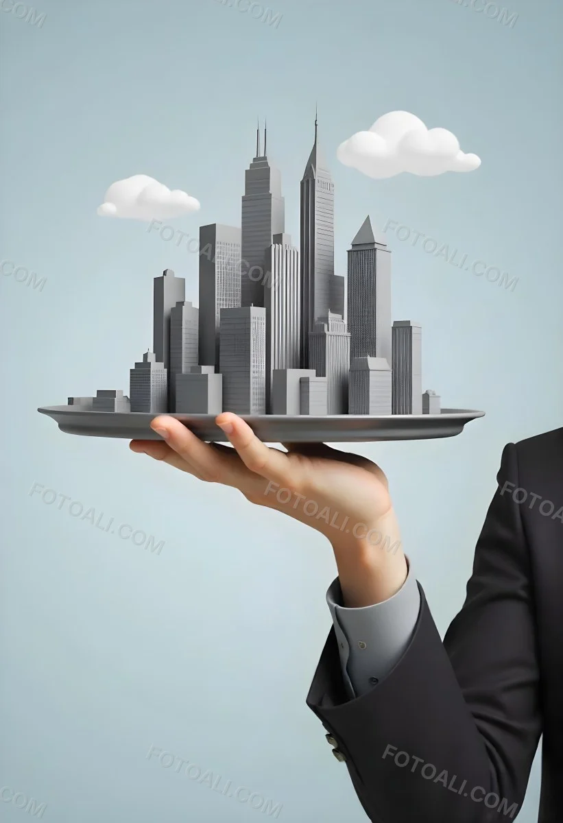 A Man Holding A Tray With A City On It The City Has Many Skyscrapers The Background Is Light Blue 7 0731