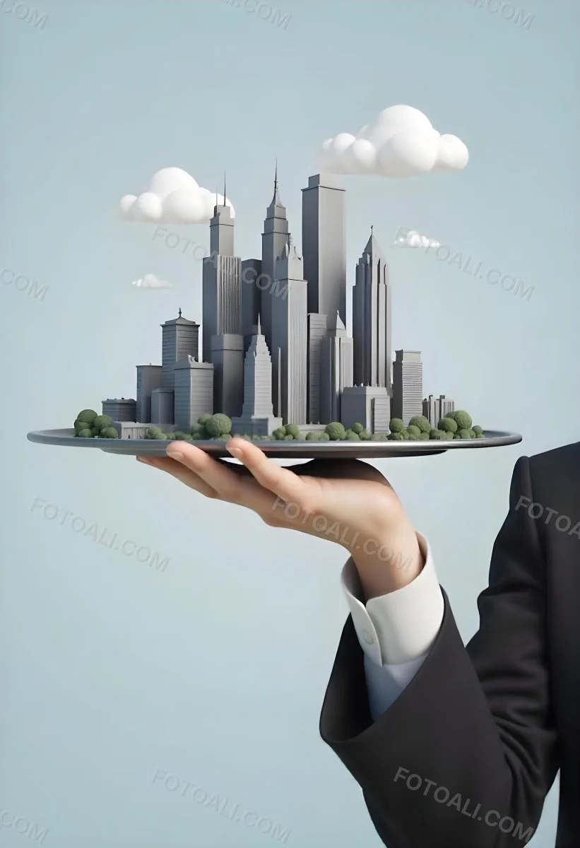 A Man Holding A Tray With A City On It The City Has Many Skyscrapers The Background Is Light Blue 8 A15c