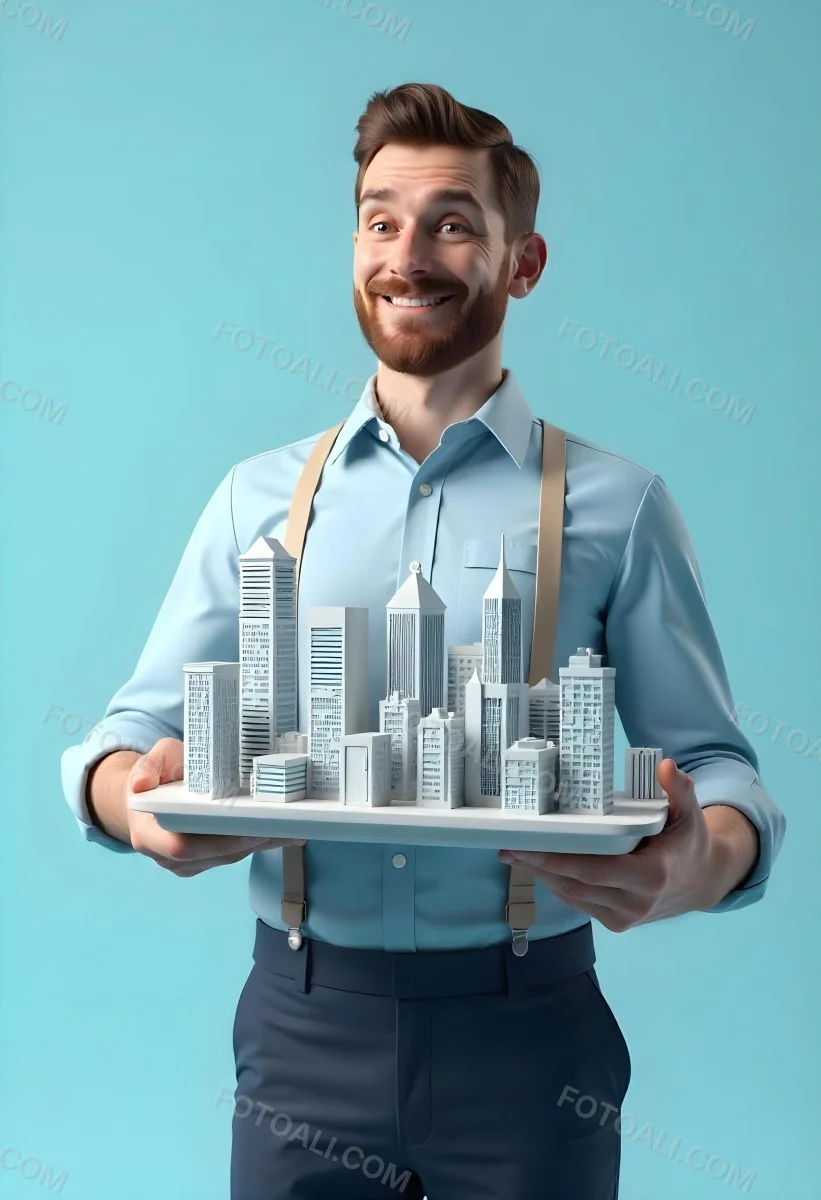 A Man Holding A Tray With A City On It The City Has Many Skyscrapers The Background Is Light Blue 9 Daaf