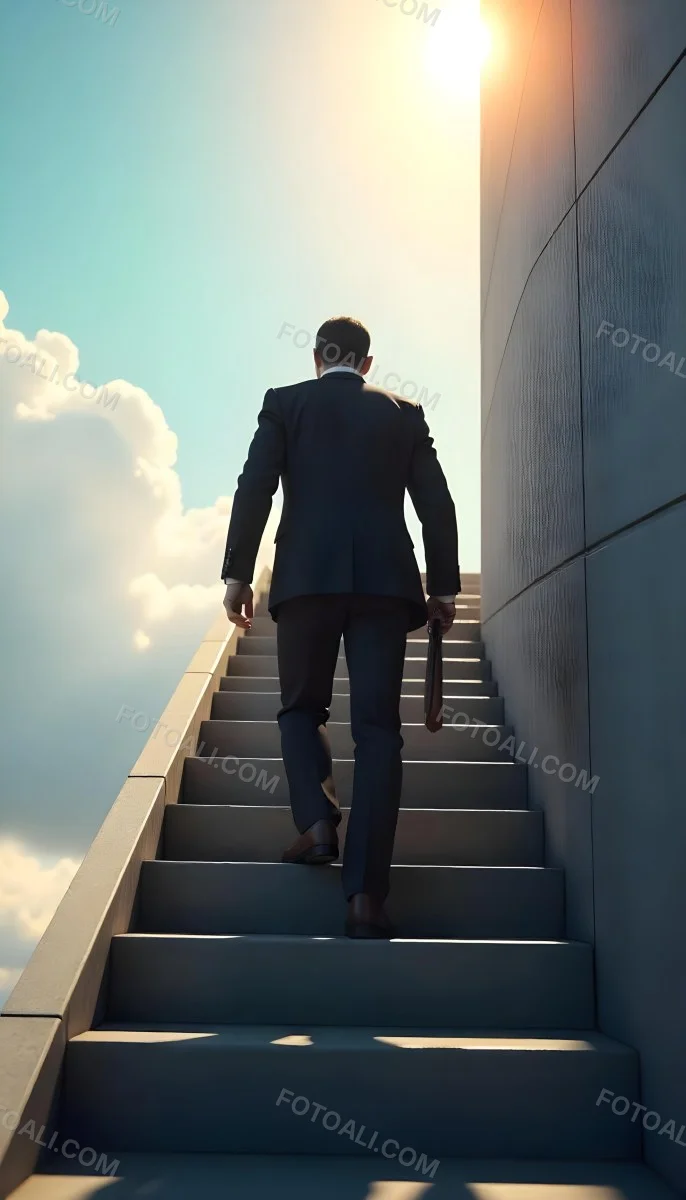 A Man With Dark Hair Around 35 Years Old Wearing A Suit Climbing A Long Staircase Towards The Sky With Clouds And Sunlight In The Background 10 6b7a