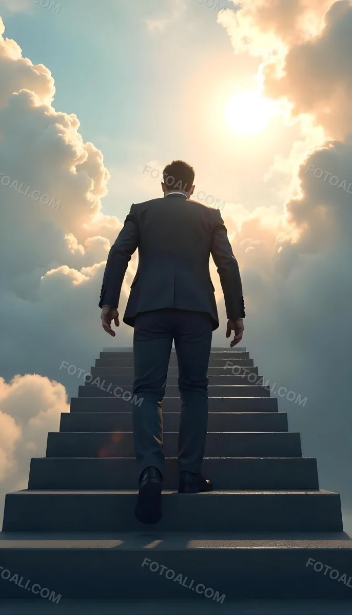 A Man With Dark Hair Around 35 Years Old Wearing A Suit Climbing A Long Staircase Towards The Sky With Clouds And Sunlight In The Background 13 609e