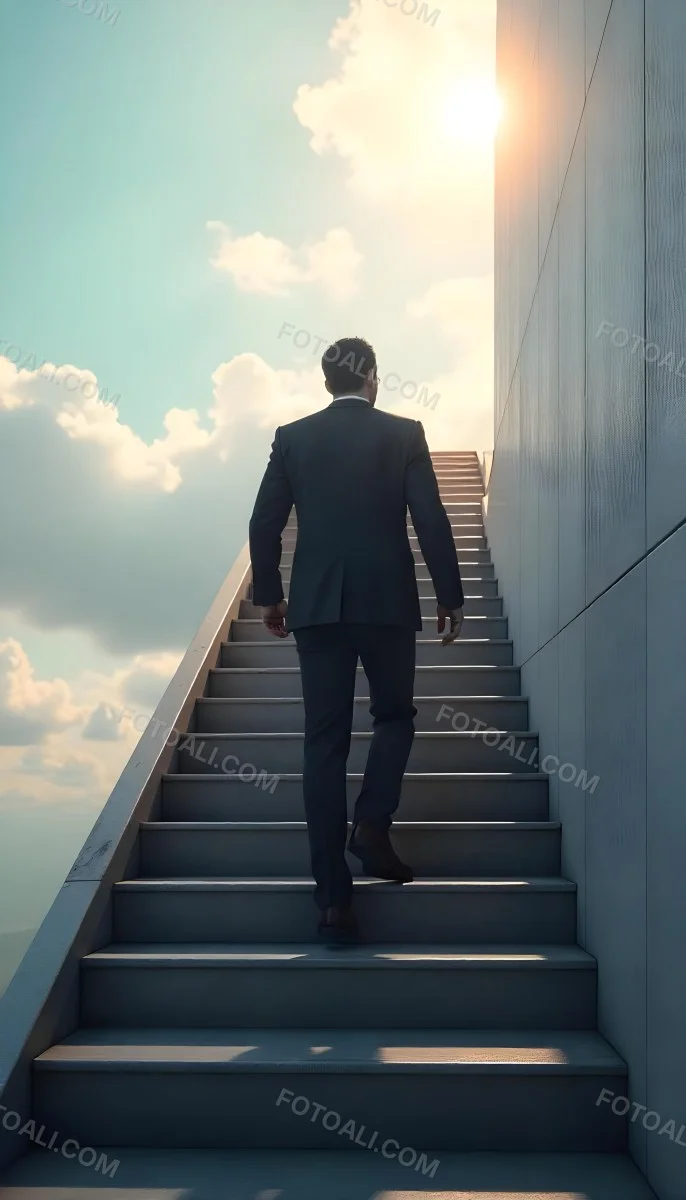 A Man With Dark Hair Around 35 Years Old Wearing A Suit Climbing A Long Staircase Towards The Sky With Clouds And Sunlight In The Background 17 54e9