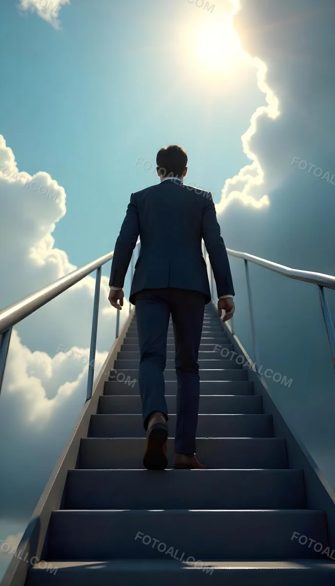 A Man With Dark Hair Around 35 Years Old Wearing A Suit Climbing A Long Staircase Towards The Sky With Clouds And Sunlight In The Background 18 9485