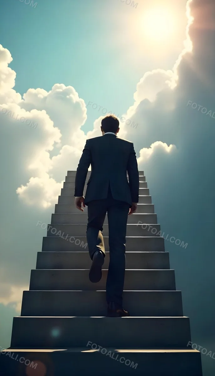 A Man With Dark Hair Around 35 Years Old Wearing A Suit Climbing A Long Staircase Towards The Sky With Clouds And Sunlight In The Background 19 Daa5