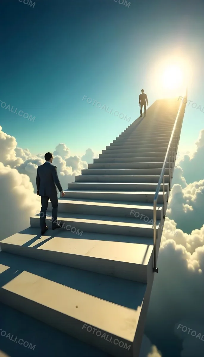 A Man With Dark Hair Around 35 Years Old Wearing A Suit Climbing A Long Staircase Towards The Sky With Clouds And Sunlight In The Background 2 26d1