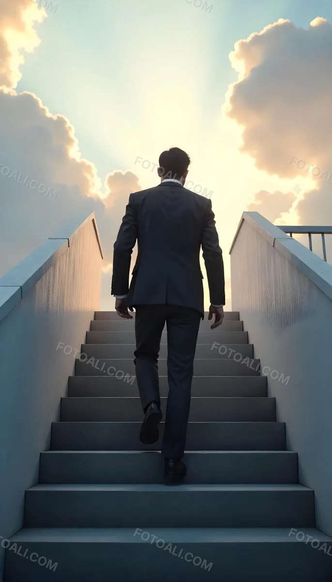 A Man With Dark Hair Around 35 Years Old Wearing A Suit Climbing A Long Staircase Towards The Sky With Clouds And Sunlight In The Background 20 4cab
