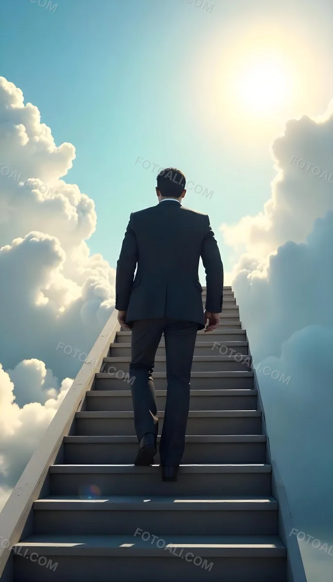 A Man With Dark Hair Around 35 Years Old Wearing A Suit Climbing A Long Staircase Towards The Sky With Clouds And Sunlight In The Background 21 9a7f