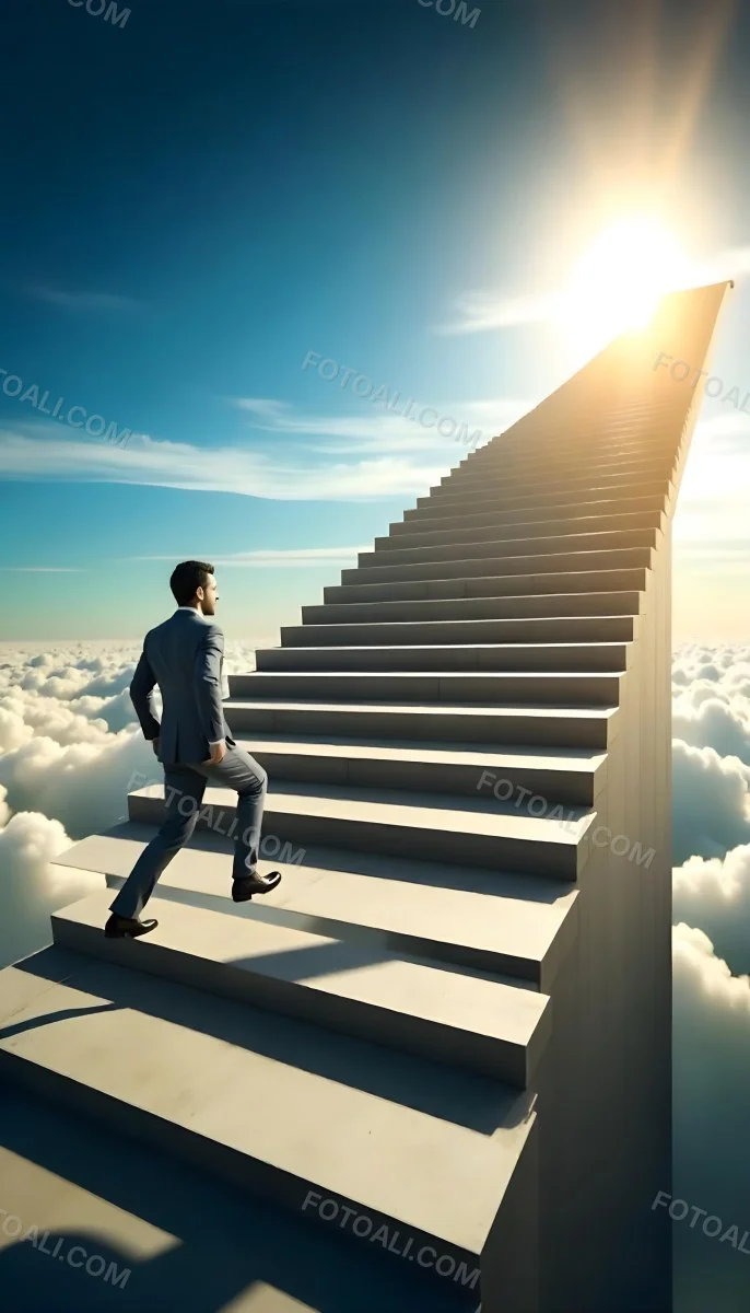 A Man With Dark Hair Around 35 Years Old Wearing A Suit Climbing A Long Staircase Towards The Sky With Clouds And Sunlight In The Background 3 9879