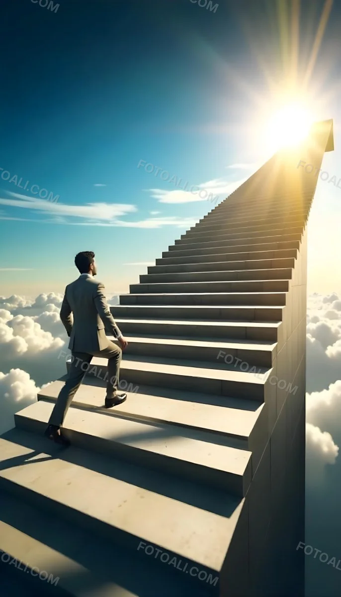 A Man With Dark Hair Around 35 Years Old Wearing A Suit Climbing A Long Staircase Towards The Sky With Clouds And Sunlight In The Background 4 7d28