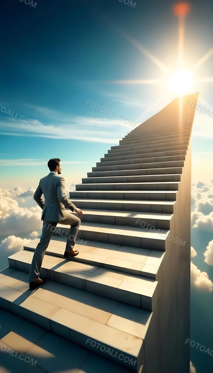 A Man With Dark Hair Around 35 Years Old Wearing A Suit Climbing A Long Staircase Towards The Sky With Clouds And Sunlight In The Background 5 Bbda