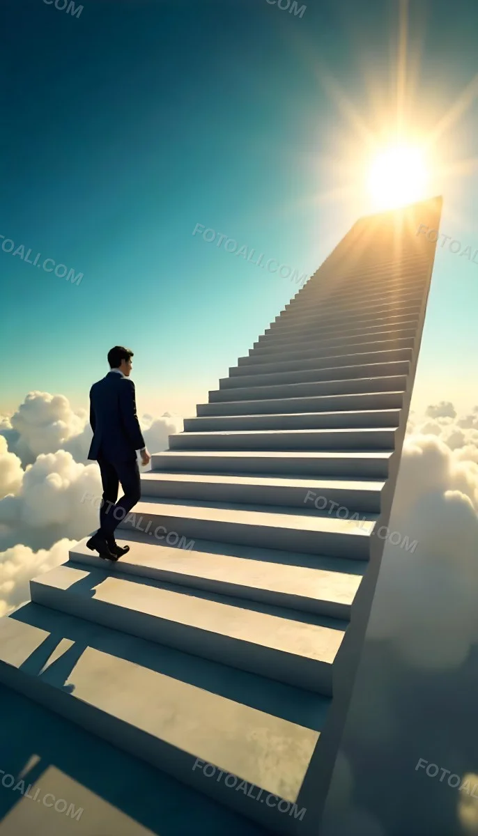 A Man With Dark Hair Around 35 Years Old Wearing A Suit Climbing A Long Staircase Towards The Sky With Clouds And Sunlight In The Background 6 7137