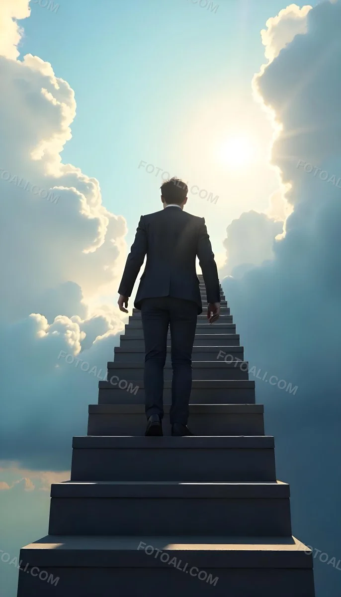 A Man With Dark Hair Around 35 Years Old Wearing A Suit Climbing A Long Staircase Towards The Sky With Clouds And Sunlight In The Background 7 F037