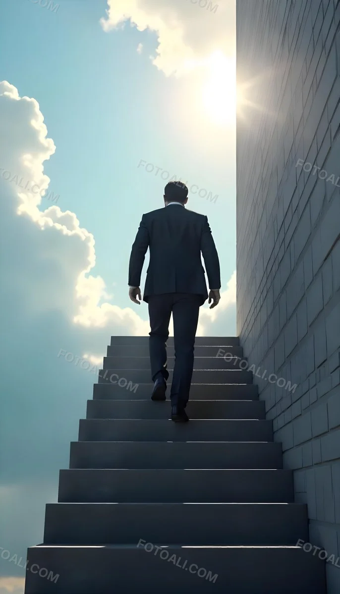 A Man With Dark Hair Around 35 Years Old Wearing A Suit Climbing A Long Staircase Towards The Sky With Clouds And Sunlight In The Background 8 08af
