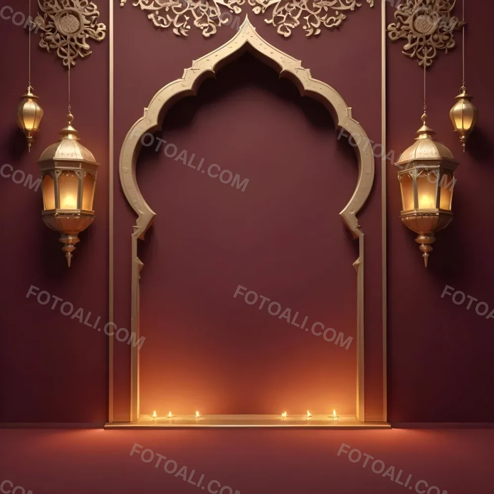 A Maroon Wall With A Golden Archway In The Center Two Golden Lanterns Hanging On Either Side And Golden Decorations At The Top 12 3393