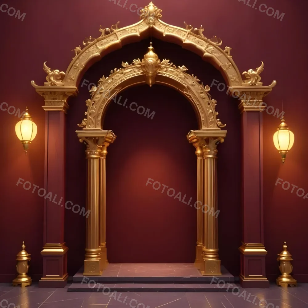 A Maroon Wall With A Golden Archway In The Center Two Golden Lanterns Hanging On Either Side And Golden Decorations At The Top 13 92e8