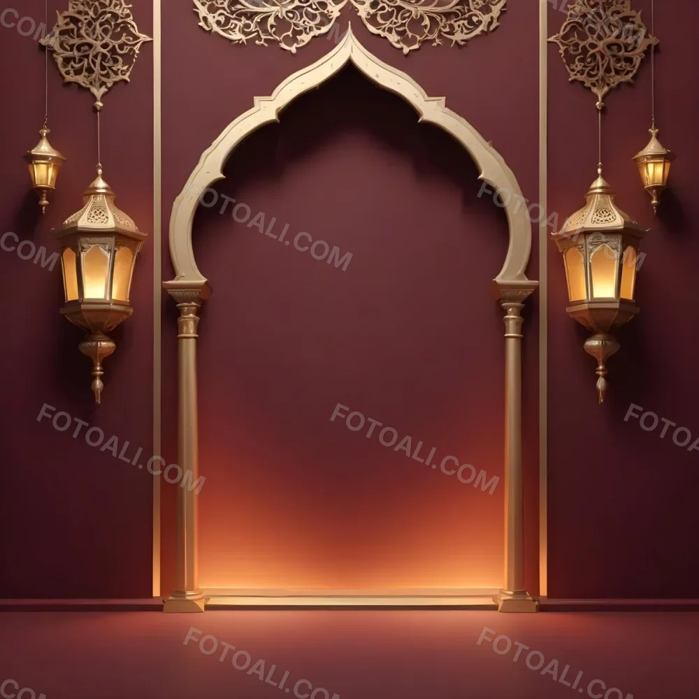A Maroon Wall With A Golden Archway In The Center Two Golden Lanterns Hanging On Either Side And Golden Decorations At The Top 16 A062