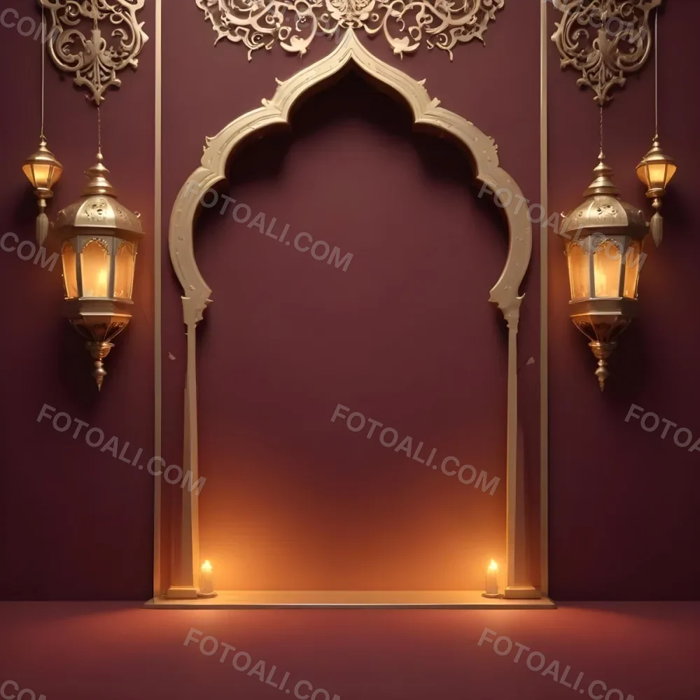 A Maroon Wall With A Golden Archway In The Center Two Golden Lanterns Hanging On Either Side And Golden Decorations At The Top 17 7b6b