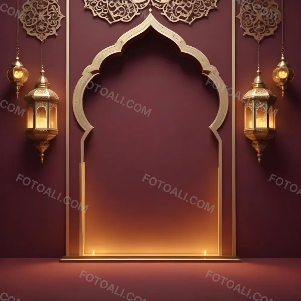 A Maroon Wall With A Golden Archway In The Center Two Golden Lanterns Hanging On Either Side And Golden Decorations At The Top 2 179a