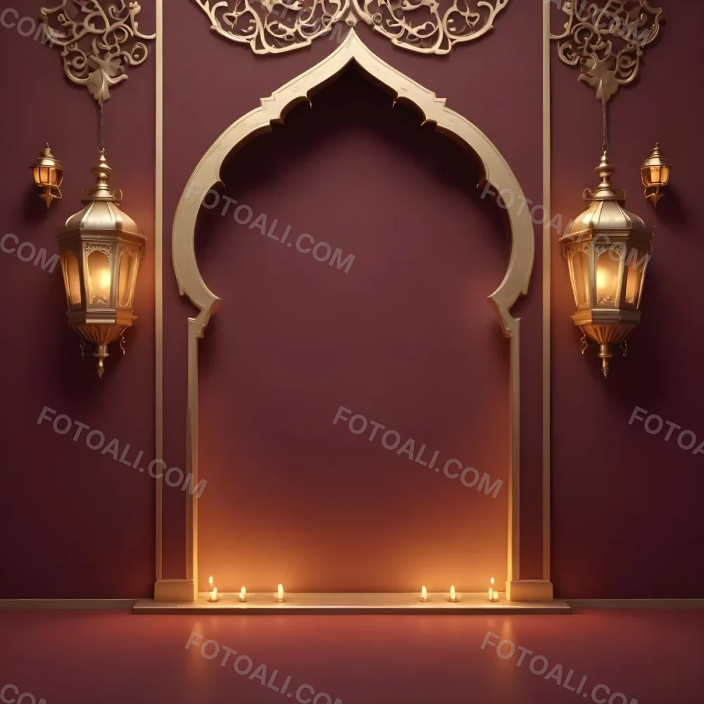 A Maroon Wall With A Golden Archway In The Center Two Golden Lanterns Hanging On Either Side And Golden Decorations At The Top 20 Ff91