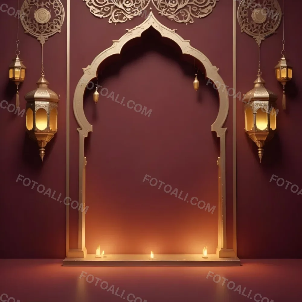 A Maroon Wall With A Golden Archway In The Center Two Golden Lanterns Hanging On Either Side And Golden Decorations At The Top 21 4746