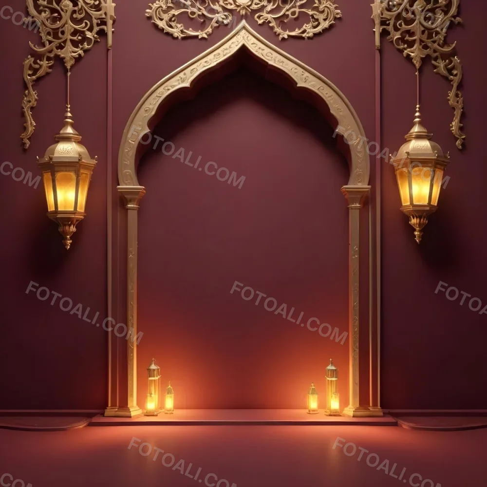 A Maroon Wall With A Golden Archway In The Center Two Golden Lanterns Hanging On Either Side And Golden Decorations At The Top 22 069b