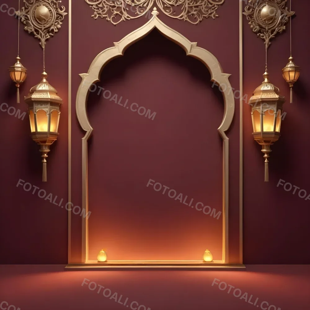 A Maroon Wall With A Golden Archway In The Center Two Golden Lanterns Hanging On Either Side And Golden Decorations At The Top 23 0a16