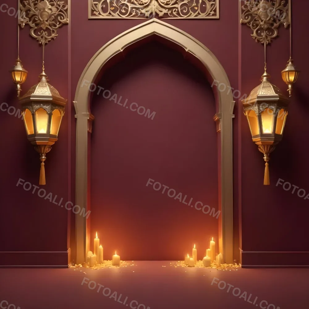 A Maroon Wall With A Golden Archway In The Center Two Golden Lanterns Hanging On Either Side And Golden Decorations At The Top 3 Bc06