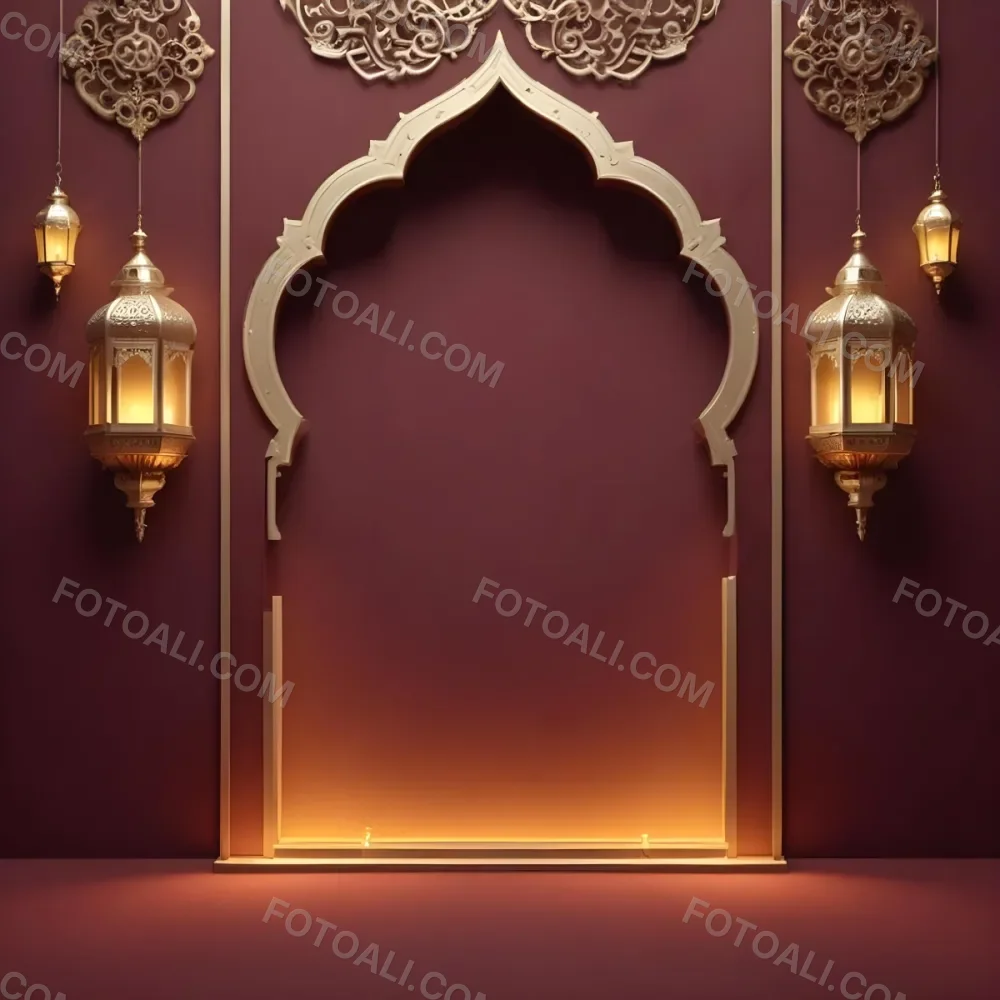 A Maroon Wall With A Golden Archway In The Center Two Golden Lanterns Hanging On Either Side And Golden Decorations At The Top 4 69be