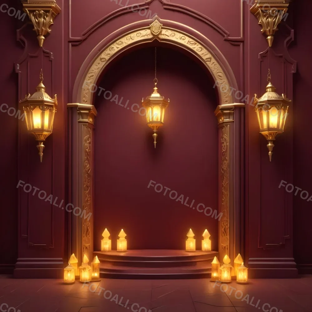 A Maroon Wall With A Golden Archway In The Center Two Golden Lanterns Hanging On Either Side And Golden Decorations At The Top 5 B54a