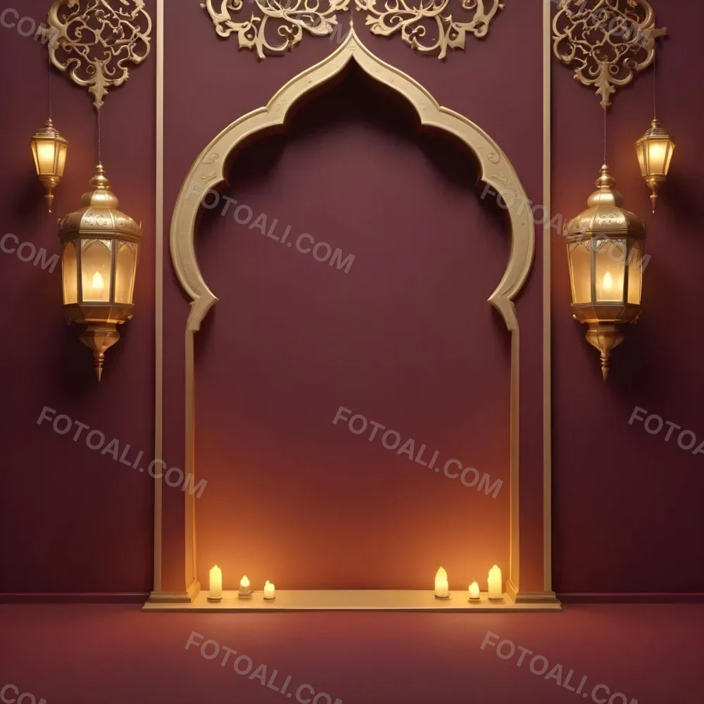 A Maroon Wall With A Golden Archway In The Center Two Golden Lanterns Hanging On Either Side And Golden Decorations At The Top 6 4d35