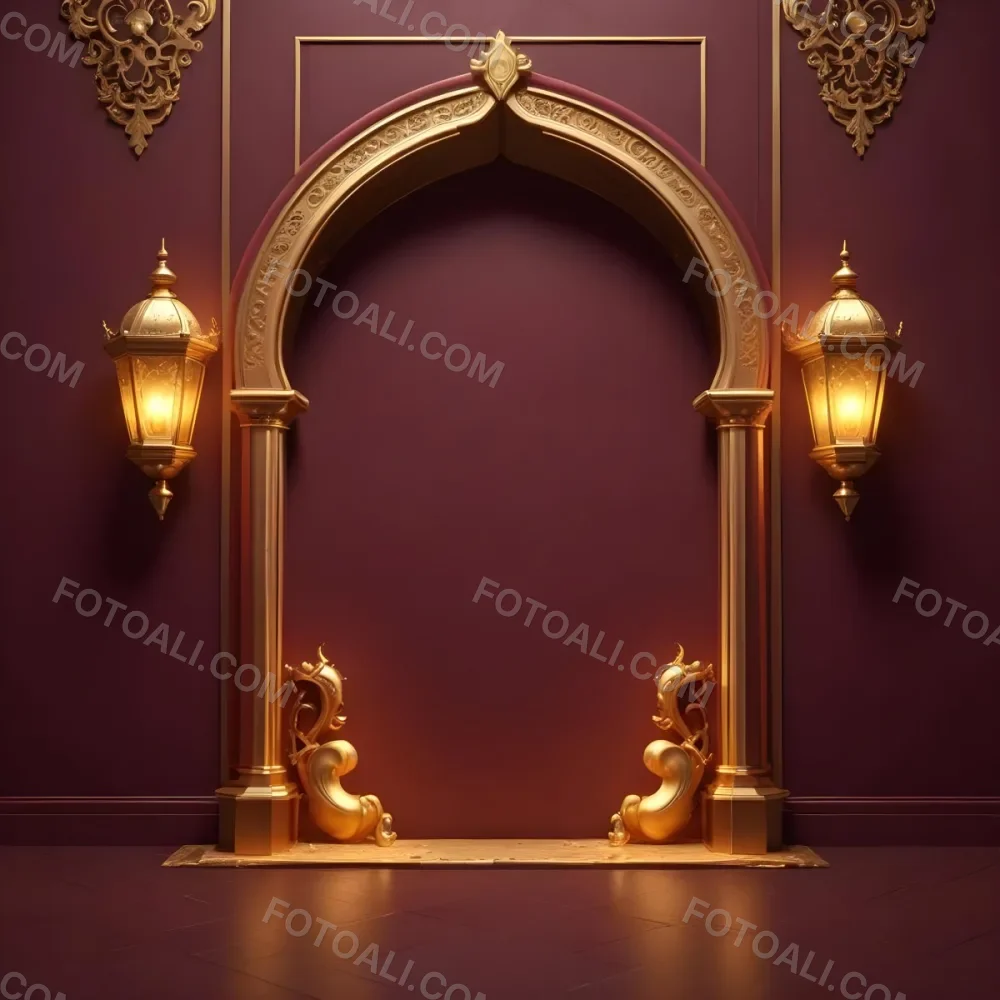 A Maroon Wall With A Golden Archway In The Center Two Golden Lanterns Hanging On Either Side And Golden Decorations At The Top 7 A7e0
