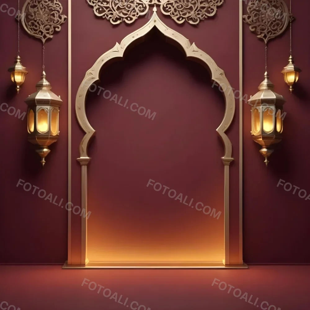 A Maroon Wall With A Golden Archway In The Center Two Golden Lanterns Hanging On Either Side And Golden Decorations At The Top 8 5d30