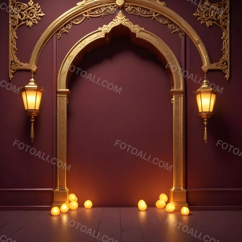 A Maroon Wall With A Golden Archway In The Center Two Golden Lanterns Hanging On Either Side And Golden Decorations At The Top 9 A7e3
