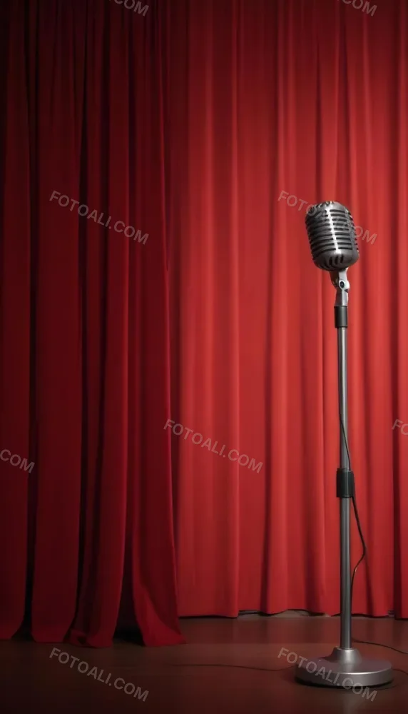 A Microphone On A Stage With Red Curtains In The Background 11 A3eb