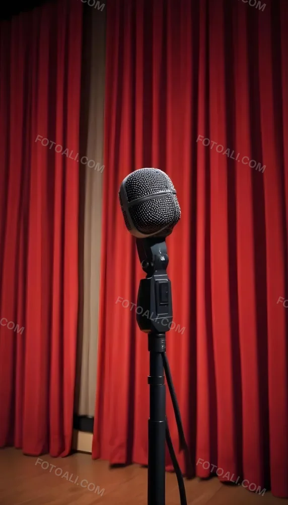 A Microphone On A Stage With Red Curtains In The Background 12 470f