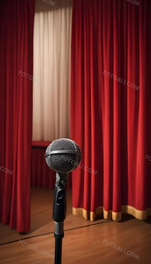 A Microphone On A Stage With Red Curtains In The Background 13 654f