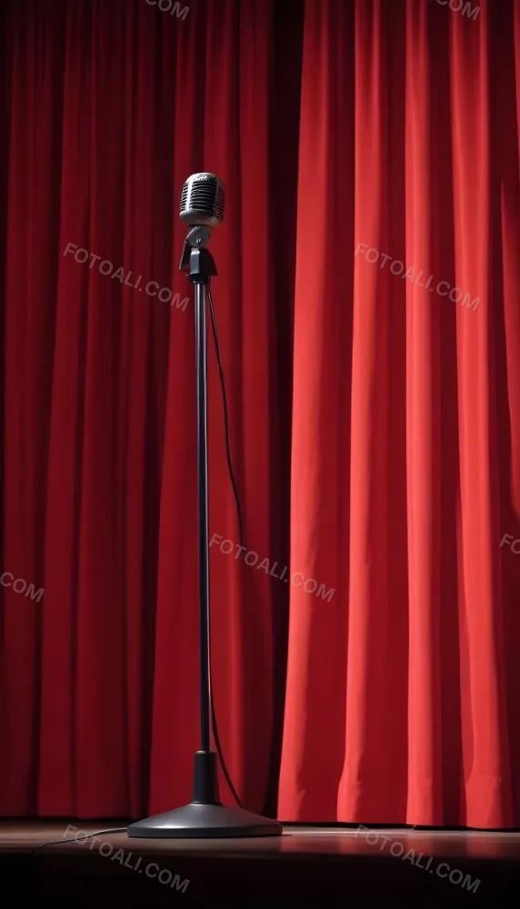 A Microphone On A Stage With Red Curtains In The Background 14 Bfe3