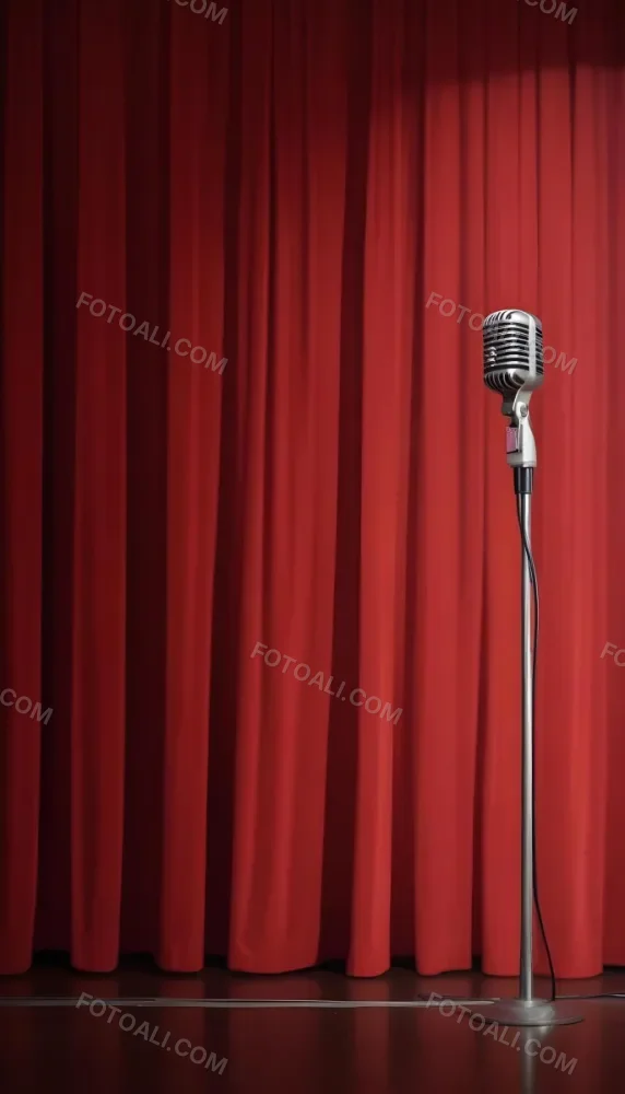 A Microphone On A Stage With Red Curtains In The Background 17 6cc6