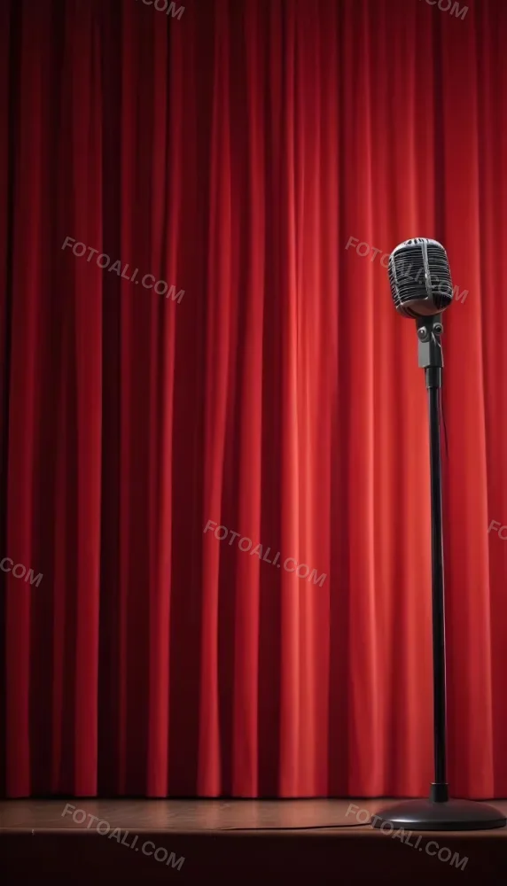 A Microphone On A Stage With Red Curtains In The Background 19 Bd09