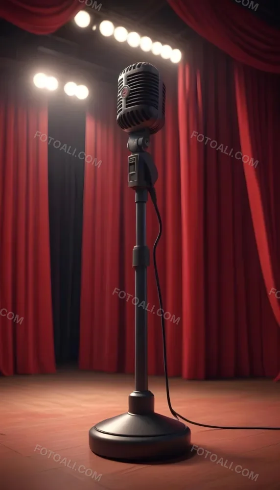 A Microphone On A Stage With Red Curtains In The Background 2 6ef6